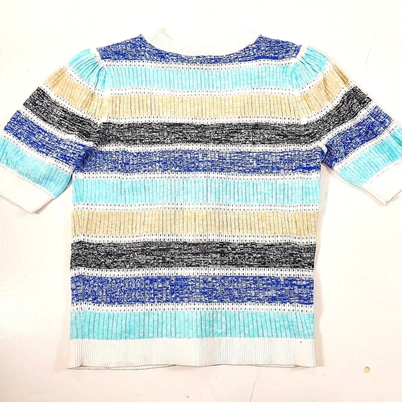 LOFT Striped Pointelle Puff Sleeve V-Neck Cardigan Top NWT Size Large - Picture 4 of 7